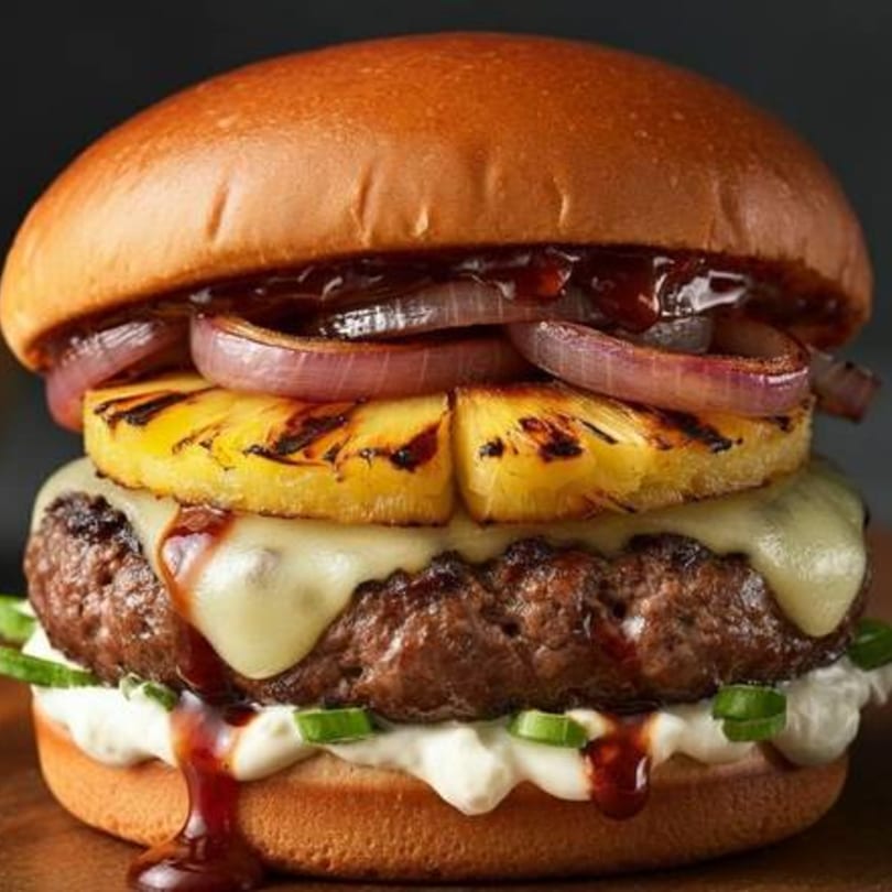 A gourmet burger from Delico 21 with grilled pineapple, red onions, melted cheese, and sauce.