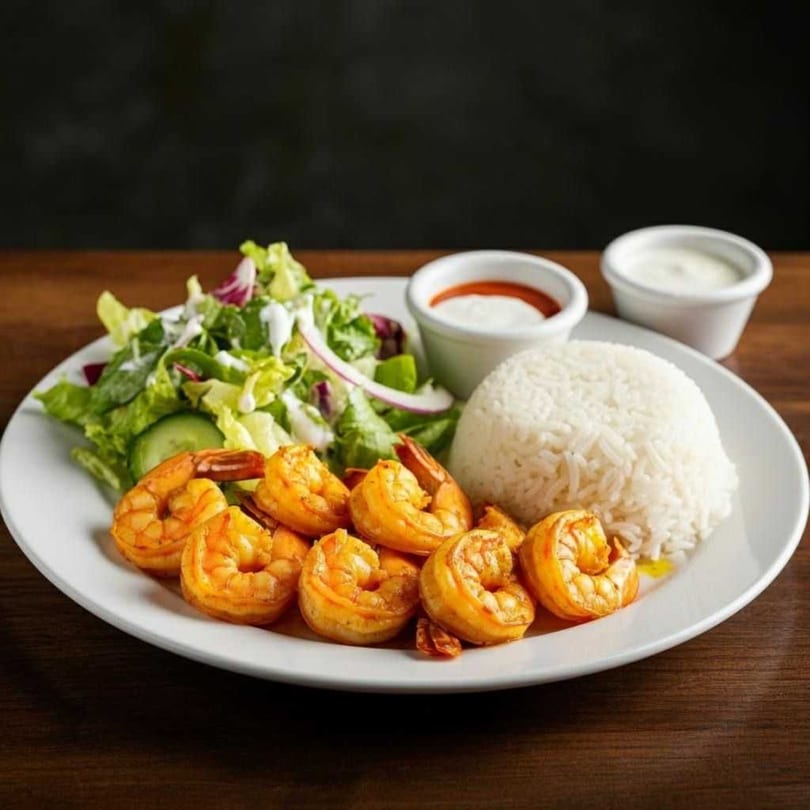 Grilled shrimp with white rice, a side salad, and two dipping sauces on a white plate.
