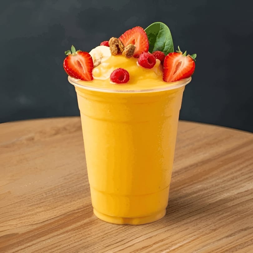 A vibrant yellow smoothie in a clear cup, topped with fresh strawberries, raspberries, banana, granola, and spinach.