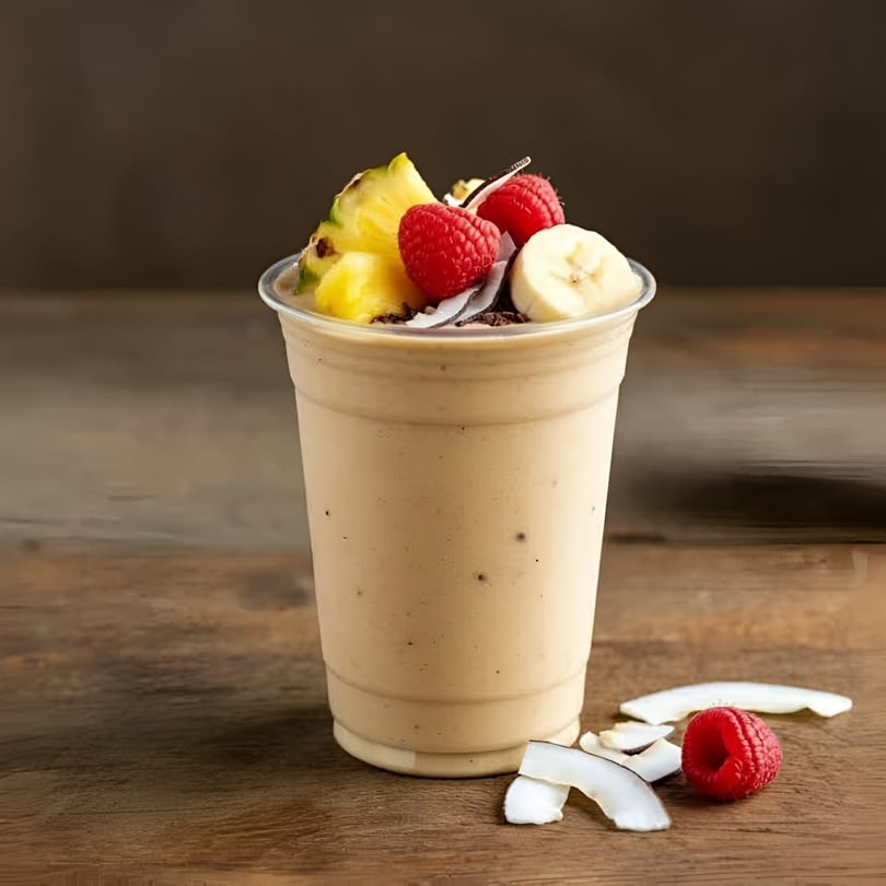 A Delico 21 Gourmet Deli smoothie with pineapple, raspberries, banana, and coconut flakes.