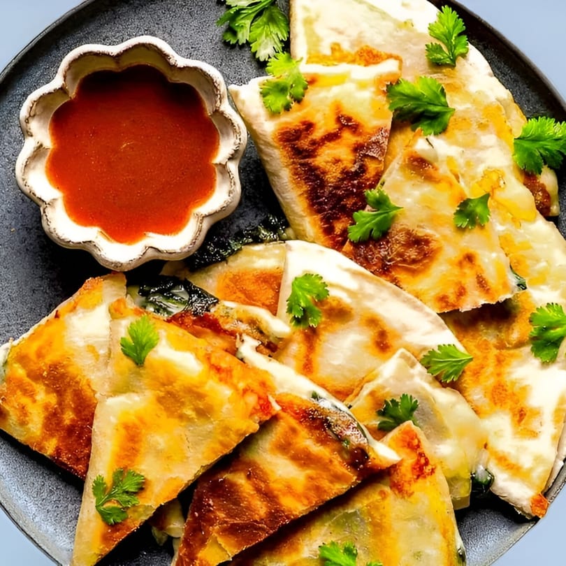 Golden-brown quesadilla triangles with melted cheese and green herbs, served with a side of red dipping sauce.