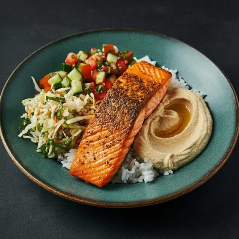 Delico 21 Gourmet Deli's salmon plate with rice, hummus, coleslaw, and tomato cucumber salad.
