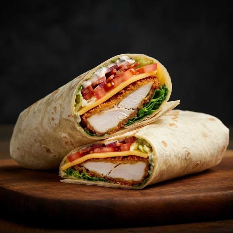 Two halves of a crispy chicken wrap with lettuce, tomato, cheese, and sauce on a wooden board.